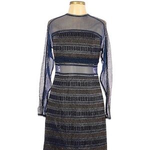 Three Floor Navy and Gold Long Sleeve Mesh-Inset Midi Dress